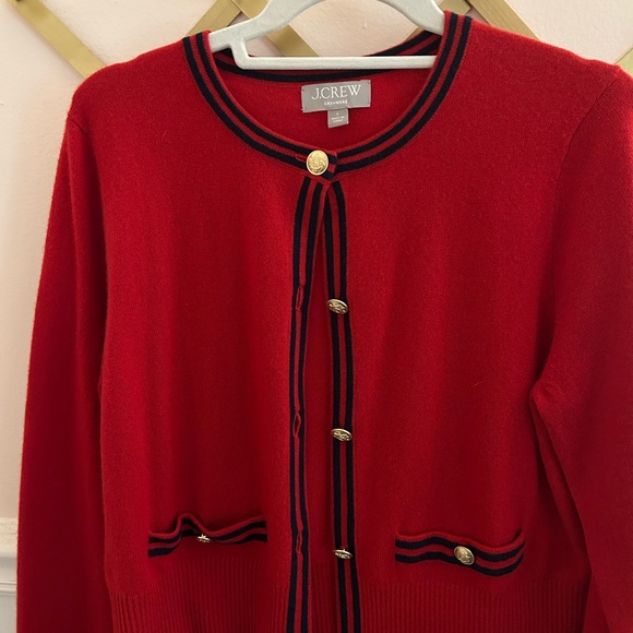 J. Crew Red Cashmere Cardigan with Navy Accents - Picture 3 of 5